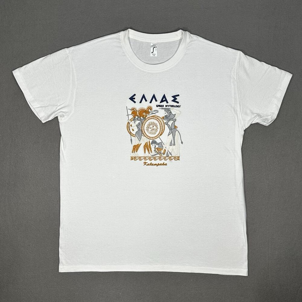 Sol’s Greece Greek Mythology Kalampaka Embroidered White T-Shirt Men’s XL